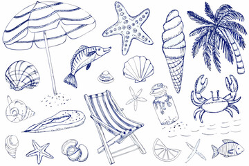 Hand drawn beach elements including shells umbrella and marine life © Songita