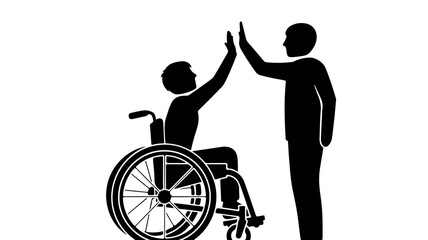 Fototapeta premium Two people one in a wheelchair high-fiving.