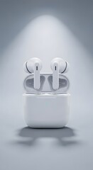 Wireless earbuds with open charging case isolated on modern background technology lifestyle concept 