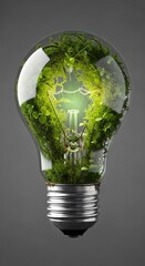 Light bulb filled with green moss isolated on neutral background eco innovation concept