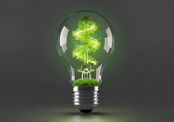 Light bulb filled with green moss isolated on neutral background eco innovation concept