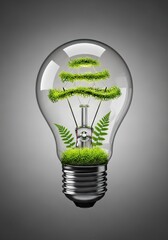 Light bulb filled with green moss isolated on neutral background eco innovation concept