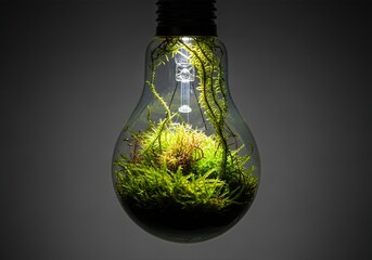 Light bulb filled with green moss isolated on neutral background eco innovation concept