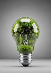 Light bulb filled with green moss isolated on neutral background eco innovation concept