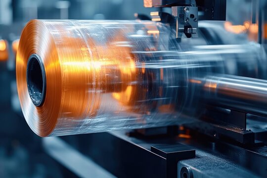 Spinning clear plastic film roll on automated packaging machine with glowing orange highlights, motion blur conveying speed, precision and high-tech industrial production