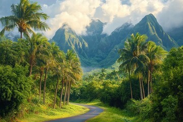 Fototapeta premium sunlit winding road through a tropical palm-lined valley leading to mist-shrouded emerald mountains under dramatic clouds, evoking calm and adventure