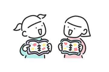 シール帳を使ってシール交換して遊ぶ2人の女の子のかわいい線画