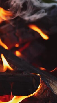 Burning Firewood in BBQ Grill Close Up