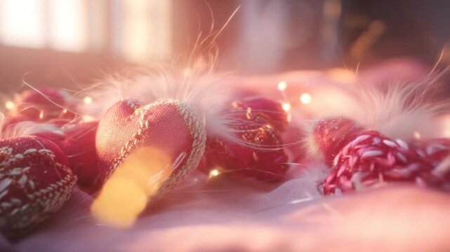 Close-up of heart-shaped objects with texture, feathers, and string lights, with a pink soft light
