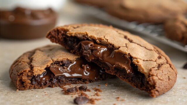 A Chocolate Cookie Cut Open Revealing Delicious Melted Chocolate Filling