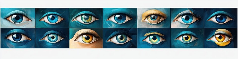 Twelve stylized close-up human eyes in panels with varied blue, green and amber irises showing watchful, curious and intense expressions on textured teal backgrounds
