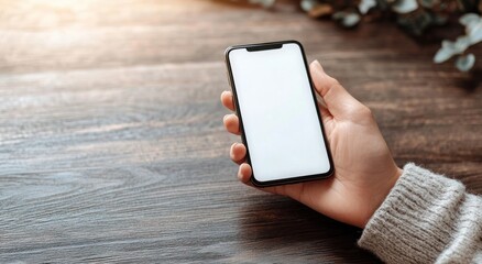 hand holding smartphone with blank white screen above wooden table, cozy warm light and calm neutral mood