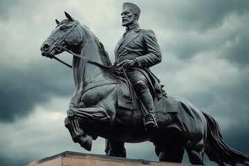 bronze equestrian statue of a mounted soldier on a rearing horse under a stormy sky, powerful and solemn mood