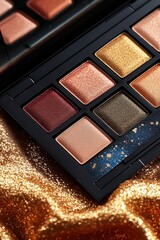 open eyeshadow palette with nine shimmery warm-toned pans on gold glitter fabric, luxurious glamorous festive mood