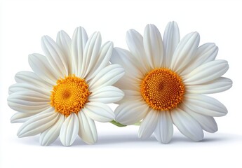Two white daisies with bright golden centers and green stems on a clean white background, fresh cheerful and serene floral pair