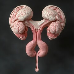 two brain-like lobes joined by a glossy connective bridge leading to twin tubular sacs and a thin droplet-tipped tail, surreal anatomical composition with an eerie clinical mood