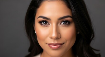 Obraz premium Calm and Elegant Portrait of Exotic Woman with Neutral Expression and Polished Look Against Gray Background