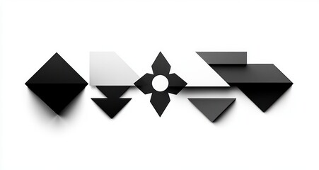 monochrome minimalist composition of geometric folded paper-like shapes including a black diamond, downward triangles, trapezoids and a central four-pointed star with circular hole, calm