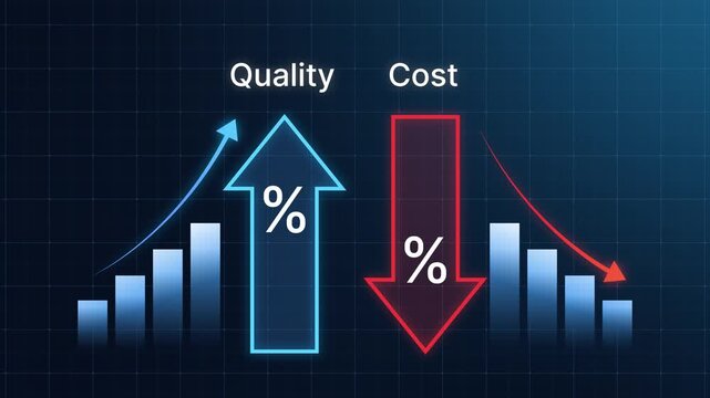 Quality control, cost efficiency animation concept. Product quality improvement and operational cost reduction. Bar chart with percentage arrow. Ideal for business strategy and resource efficiency