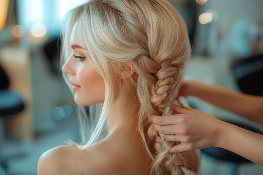 Hands gently braiding long blonde hair in a salon, intimate pampering moment with soft lighting and relaxed mood