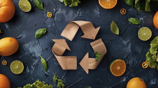 Slow motion video of a cardboard recycling symbol surrounded by fresh vegetables on a dark background, highlighting sustainability, eco lifestyle, and environmental responsibility.