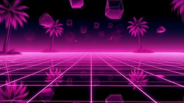 Retro Futuristic Synthwave Palm Trees Grid Landscape with Floating Cubes