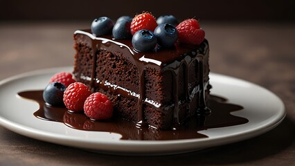 Decadent Chocolate Cake Slice with Berries and Ganache Drizzle