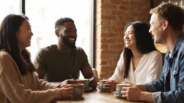 A warm shot of a diverse group of friends enjoying joyful conversation over coffee in a beautifully lit, cozy cafe. This footage is perfect for projects on friendship socializing and human connection.