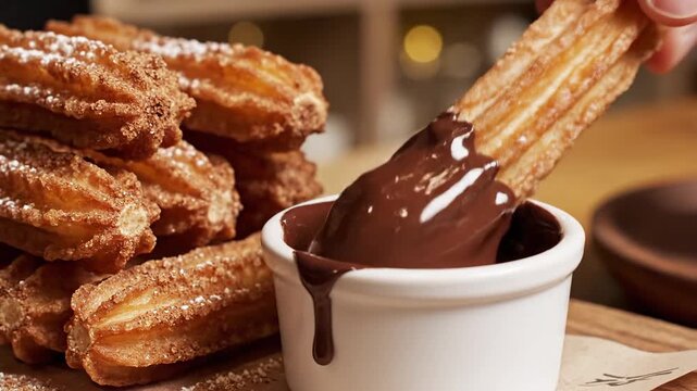 Churro being dipped into rich chocolate sauce for a sweet treat