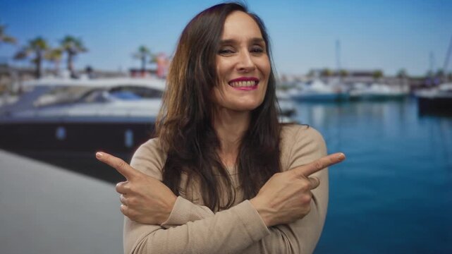 Young hispanic woman points fingers in opposite directions at sunny port; indecision choice options.