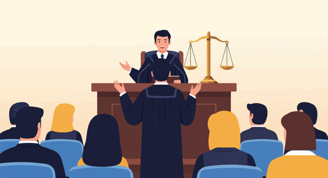 Courtroom scene with judge speaking to a lawyer before an audience