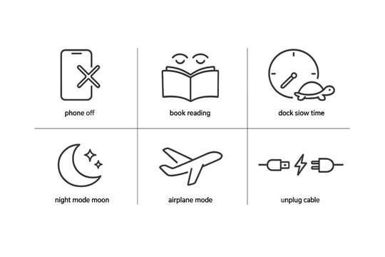 Minimalist black line icons showing phone off, book reading, slow time clock, night mode moon, airplane mode, and unplug cable on a gray panel