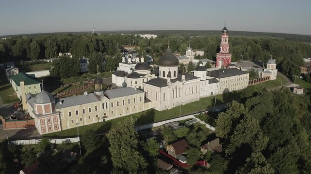 Drone circling Orthodox cathedral in Chekhov