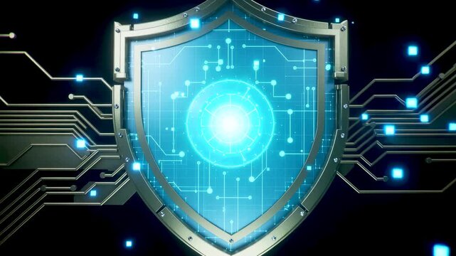 Futuristic Digital Shield with Glowing Blue Circuit Board Lines for Cybersecurity and Data Protection Concept. vertical video.