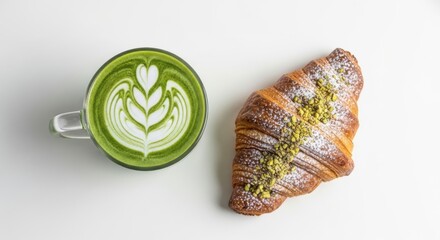 Top view of a matcha latte with intricate foam art alongside a croissant sprinkled with powdered sugar and pistachios.