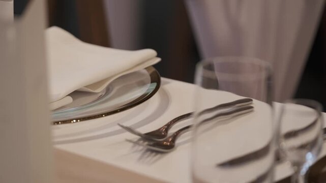 Close up of a hand setting a table with a white napkin, glass plate, and silverware. Static shot.