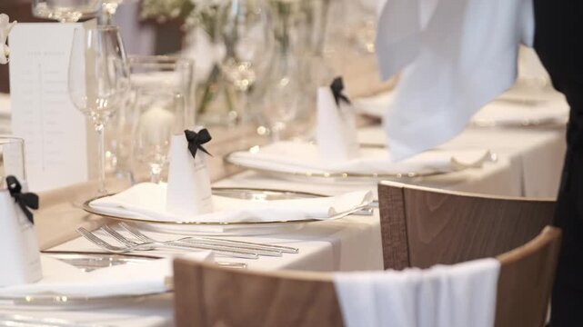 Elegant formal dinner table setting with white linens, crystal glassware, and white favor boxes with black bows. Static shot.