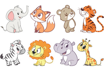 Cute cartoon baby jungle animals set elephant, fox, bear, tiger, zebra, lion, hippo, giraffe collection of adorable wild zoo creatures for kids