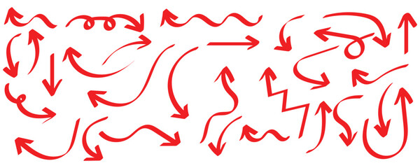 Red arrows crayon doodle chalk icons set. Freehand different curved lines, swirls arrows. Direction pointers. Brush sketch red arrow line curve up, down shape chalk texture element set. Eps10
