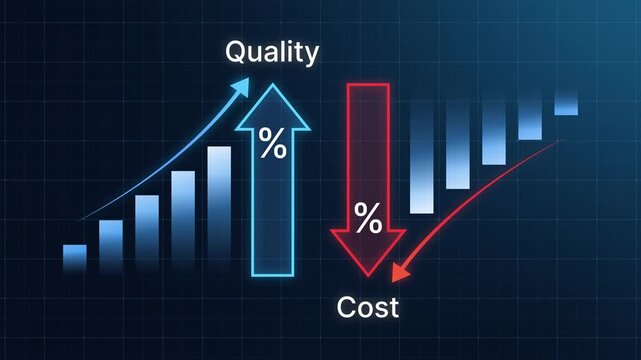 Business concept for quality improvement and cost reduction. Bar and arrow showing quality control growth graph and cost optimization. Successful organization strategy and management