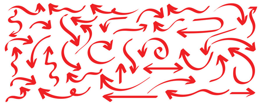 Squiggly red arrow set. Chalk elements in flat style. Doodle movement spiral arrows, scribble, lines. Hand drawn pencil brush for icon, children sketch. Vector illustration. Eps10