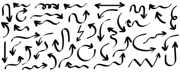 Hand-drawn doodle arrows in various curved, wavy, and looped styles. Chalk, sketch-style navy arrows perfect for directions, infographics, presentations, creative designs, and highlighting elements 