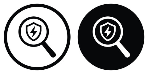 Fototapeta premium Minimalist magnifying glass warning icon set featuring exclamation mark symbols in outlined and filled styles. Clean flat vector illustrations for search alerts, error detection, inspection, security,