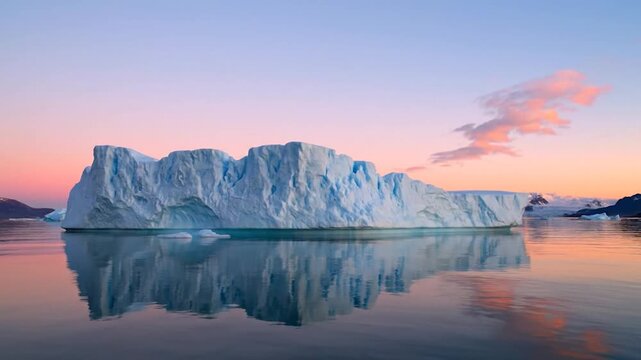 A majestic iceberg floats on calm waters, reflecting the pastel sky at dusk