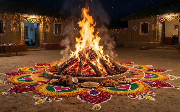 Traditional Holika Dahan Celebration with Sacred Fire Rituals