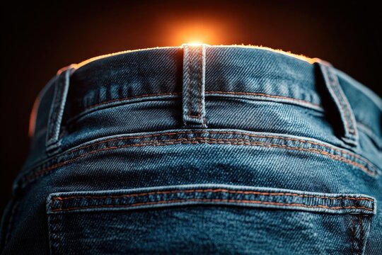 close-up of blue denim jeans back with pocket, belt loop and warm orange backlight, textured stitching and dramatic cozy mood