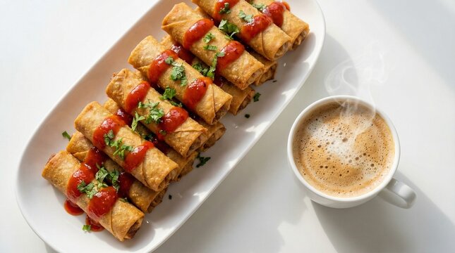 rolls with Tomato Sauce and Cappuccino Top View Breakfast Plate