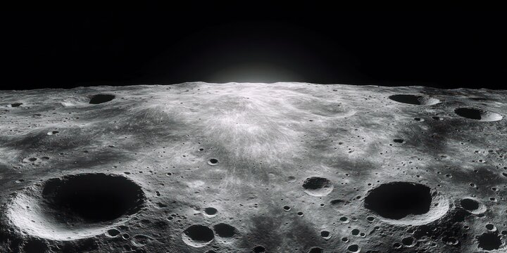 Desolate cratered lunar landscape bathed in pale sunlight, deep shadows and a haunting serene horizon