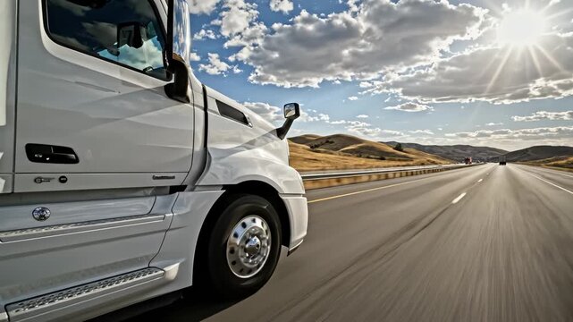 White truck on highway with sun