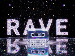 Holographic cassette tape with glittering RAVE text